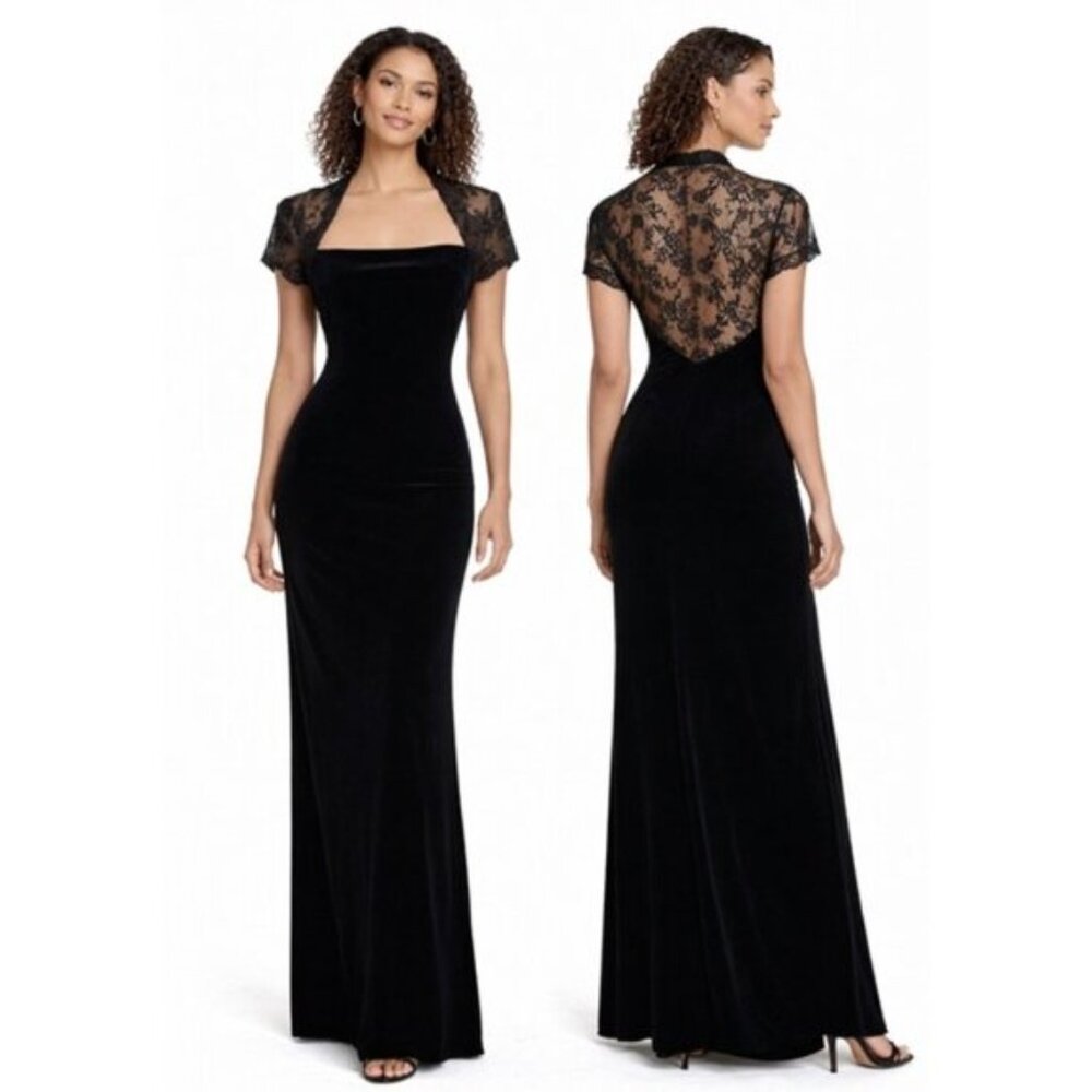Vintage Black Velvet Lace Back Formal Gown Maxi Dress